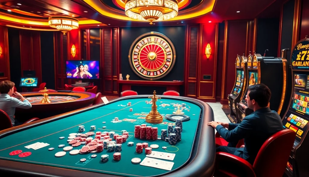 A professional gambler enjoying an online experience at nova88, surrounded by vibrant casino elements.