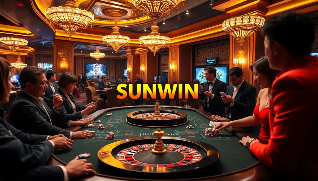 Engage in thrilling gameplay as you tải sunwin with players at a luxurious casino table, surrounded by vibrant lights and poker chips.