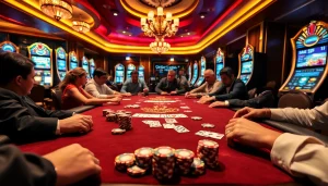 Players enjoy a thrilling card game at http://8kbetsg.com, surrounded by vibrant casino decor and chips.