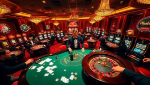 Experience the thrill at Vuabai9 with dynamic casino tables, players, and vibrant slot machines.