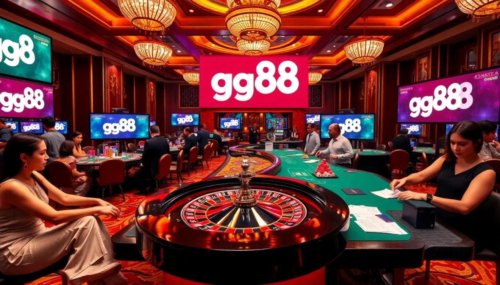 Engaging in a thrilling roulette game at gg88 with vibrant casino elements and professional dealers.