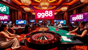 Engaging in a thrilling roulette game at gg88 with vibrant casino elements and professional dealers.