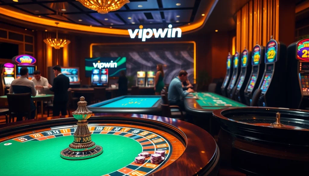 Engaging players at the luxurious Vipwin casino with roulette table and poker chips.
