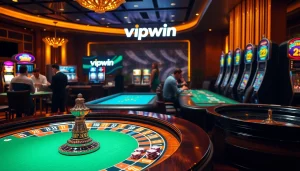 Engaging players at the luxurious Vipwin casino with roulette table and poker chips.