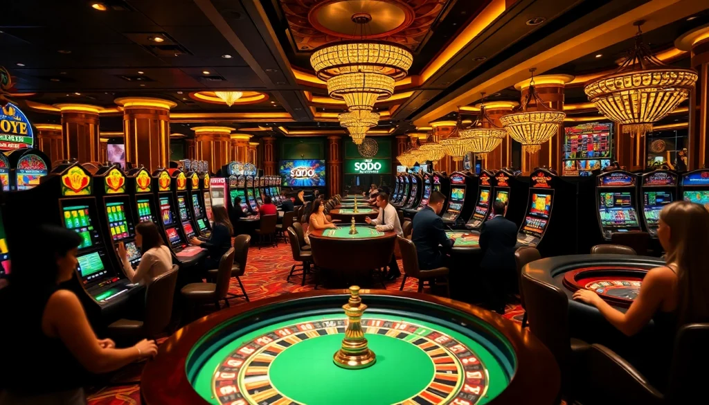 Players enjoying thrilling games at SODO casino, surrounded by vibrant tables and slot machines.