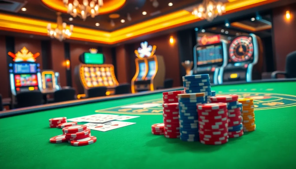 A thrilling online casino scene with poker chips and a roulette wheel reflecting the spirit of https://five88bc.com/.