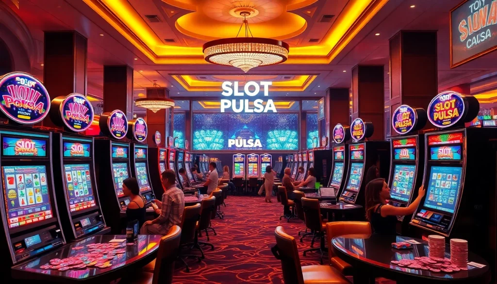 Bermain slot pulsa di mesin slot kasino mewah di tengah suasana bersemangat dan hidup.