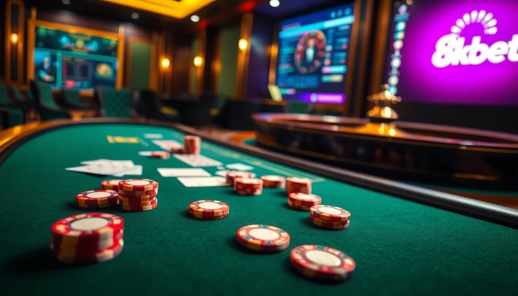 Experience thrilling poker action and luxury with 8kbet in a vibrant casino setting.