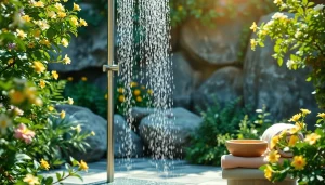 Enjoying a sunny shower with gleaming raindrops in a tranquil outdoor setting.