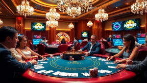 Experience excitement at Haywin with poker tables filled with chips and eager players.