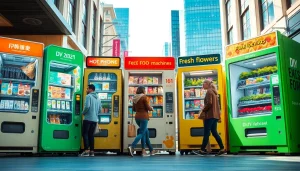 Explore our top 10 vending machine companies, showcasing innovative designs and technology in a bustling urban setting.