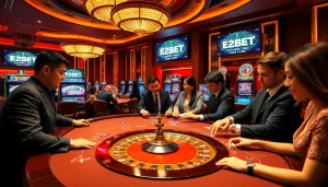 E2BET players engaging with dynamic games in a luxurious casino setting.