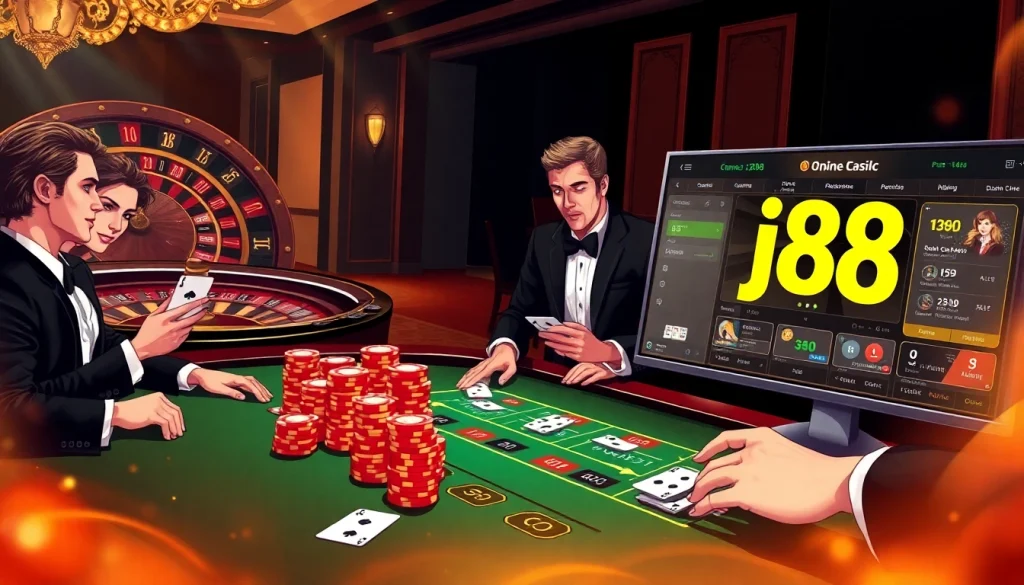 Engaged players at j88 blackjack table, showcasing high stakes and casino excitement.