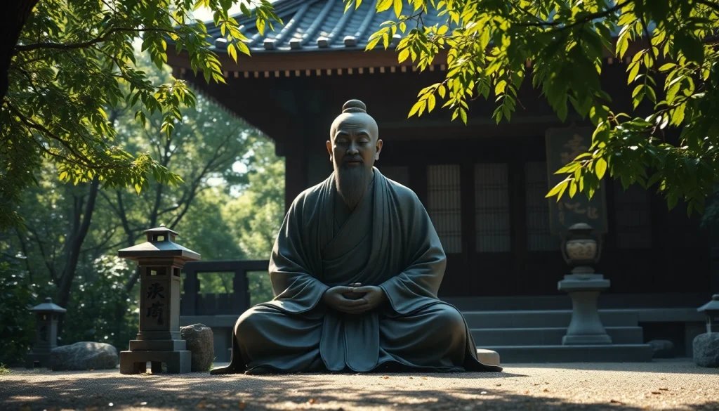 自然に囲まれた静かな寺院の環境にある即身仏像。仏教のミイラ化儀式の静寂さを表しています。