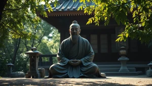 自然に囲まれた静かな寺院の環境にある即身仏像。仏教のミイラ化儀式の静寂さを表しています。