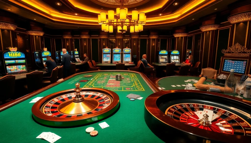 Players enjoying a thrilling game at Hi88's stylish casino table with poker chips and betting slips.