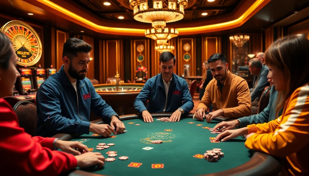 Players in Essentials Tracksuits engage in an intense poker game at a luxurious casino table.