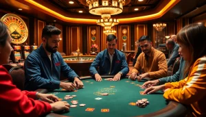 Players in Essentials Tracksuits engage in an intense poker game at a luxurious casino table.