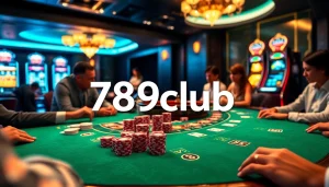 Players enjoying a thrilling blackjack game at 789club, with vibrant casino elements creating an exciting atmosphere.