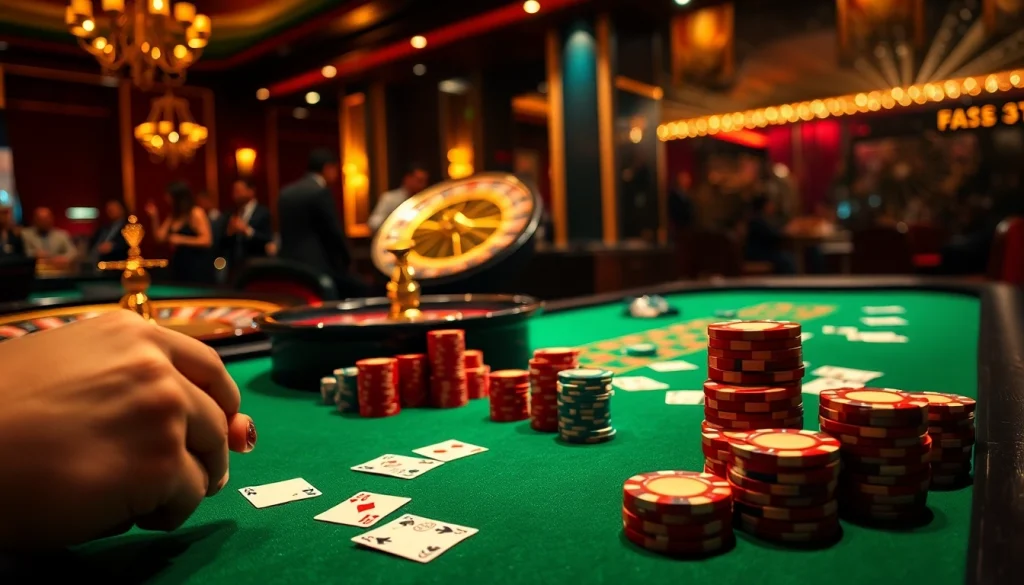 Engaging in a thrilling game of poker at a casino table featuring b52 poker chips and cards.