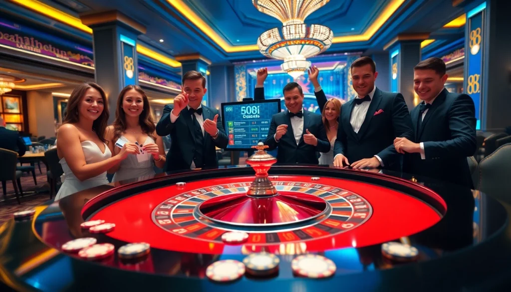 Excited players at the 88i nhà cái roulette table, celebrating wins with vibrant chips and cards.