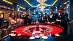 Excited players at the 88i nhà cái roulette table, celebrating wins with vibrant chips and cards.