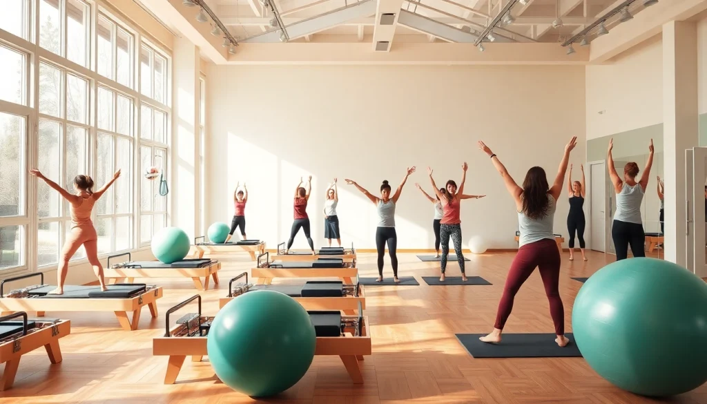 明るい照明のスタジオでさまざまなポーズを練習する、フィットネスライフスタイルのための ピラティス おすすめ を紹介する熱心な人々。