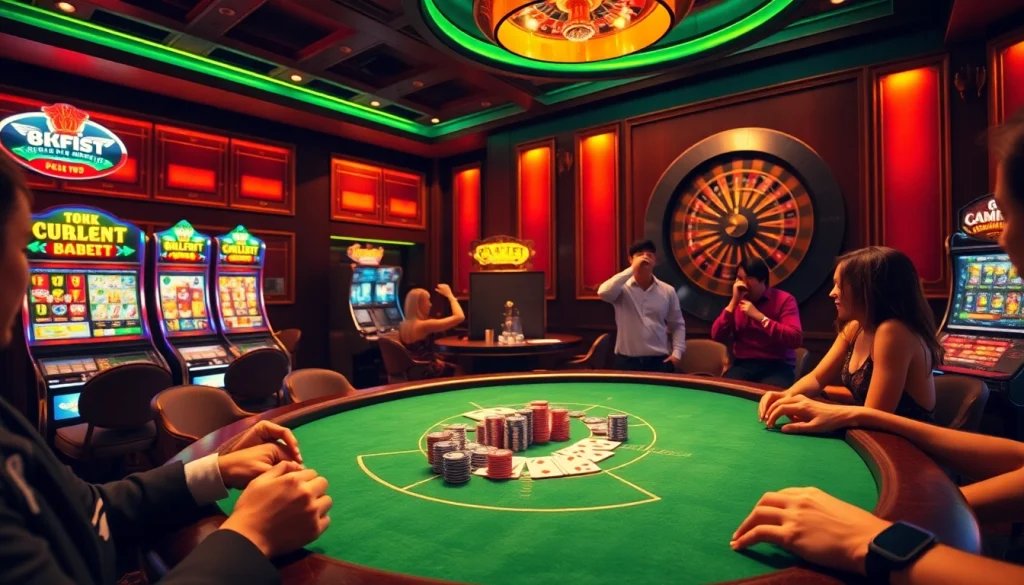 Experience the thrill of high-stakes gaming at 8kbet, where vibrant slot machines and a polished poker table create excitement.