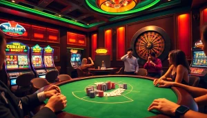 Experience the thrill of high-stakes gaming at 8kbet, where vibrant slot machines and a polished poker table create excitement.