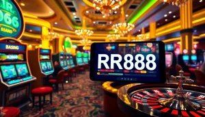 Experience gambling at RR888 with lively slot machines and roulette wheels in a luxurious casino setting.