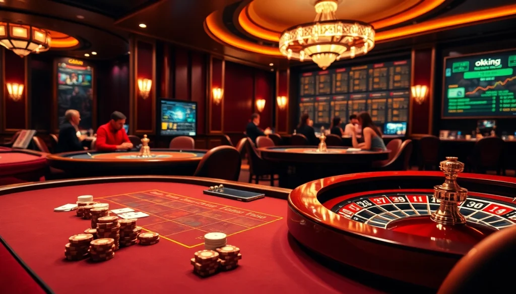 Engaging poker action at an elegant casino, highlighting okking branding and luxury gaming elements.