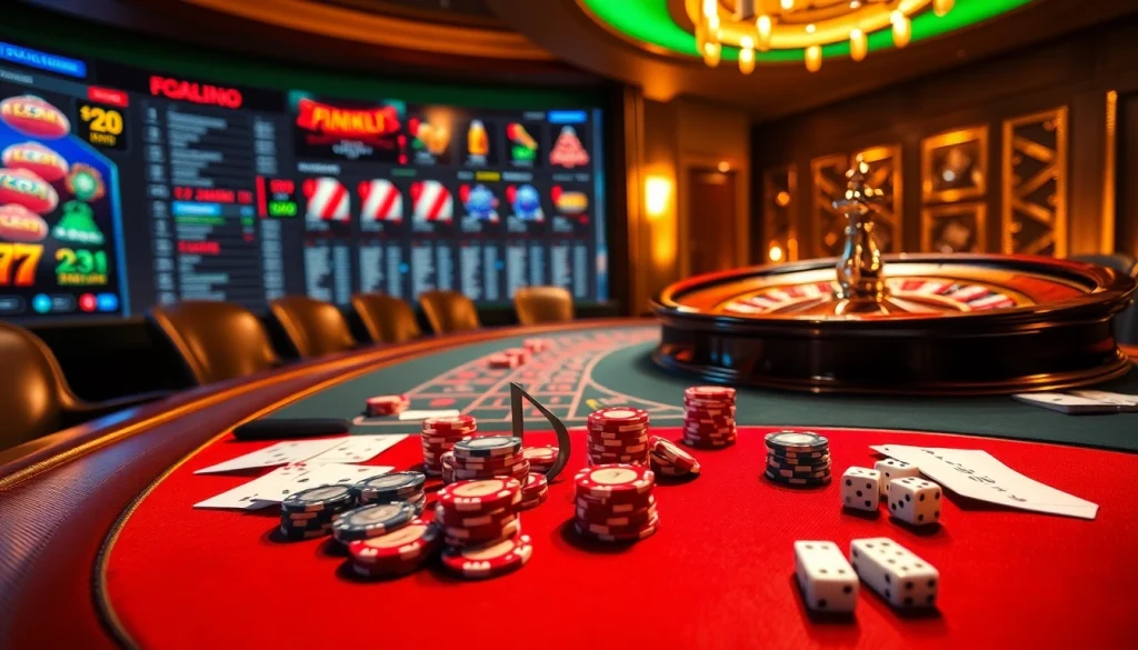 Engaging players with exciting betting action at FC88 casino, showcasing vibrant poker chips and a roulette wheel.