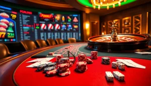 Engaging players with exciting betting action at FC88 casino, showcasing vibrant poker chips and a roulette wheel.