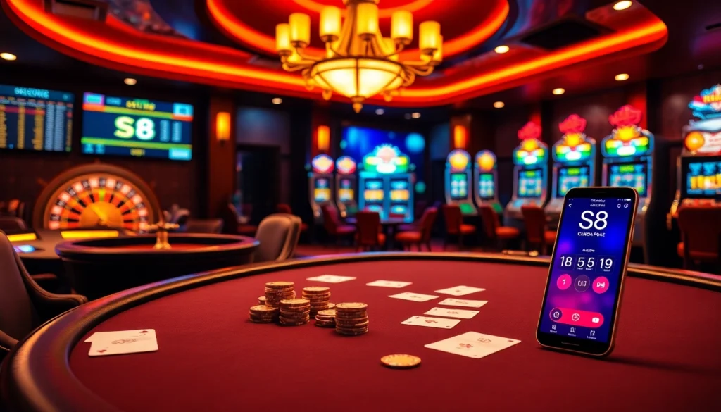 S8 online gambling experience with poker table and vibrant slot machines