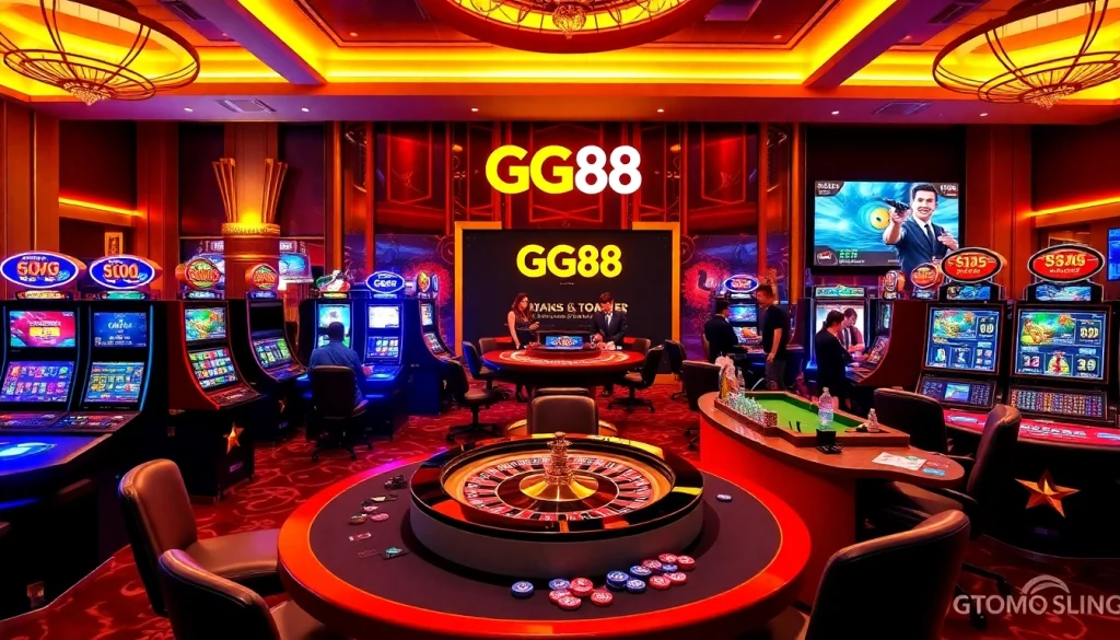 Exciting casino scene featuring GG88 with players at gaming tables and slot machines.