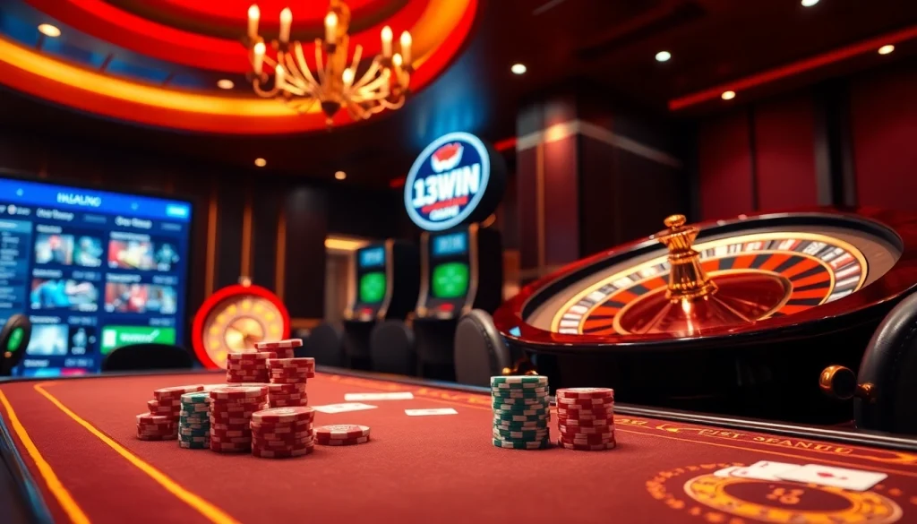 Engaging gambling scene highlighting a dynamic casino table at 13Win Com with poker chips and roulette wheel.