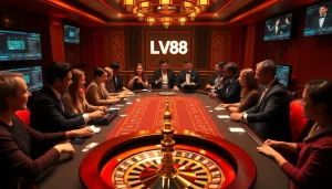Players enjoying a high-stakes game at the LV88 casino table, showcasing excitement and professionalism.