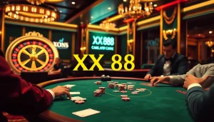 Players at an elegant poker table in a luxurious casino featuring XX 88 branding, chips, and cards.