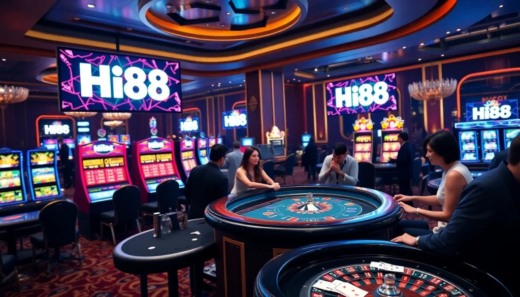 Hi88 casino gaming scene showcasing excited players at poker and slot machines.