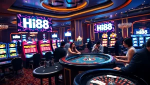 Hi88 casino gaming scene showcasing excited players at poker and slot machines.