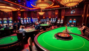 Exciting casino scene with poker tables showcasing kp88 chips and vibrant slot machines.