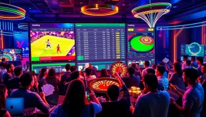 Dynamic scene illustrating online sports betting at https://vaoluoitv.it.com, showcasing casino elements and an engaging atmosphere.