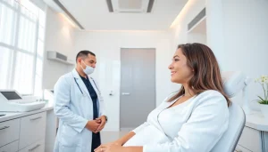 現代的なクリニック環境で、施術者が患者に対応している医療脱毛 おすすめの場面。