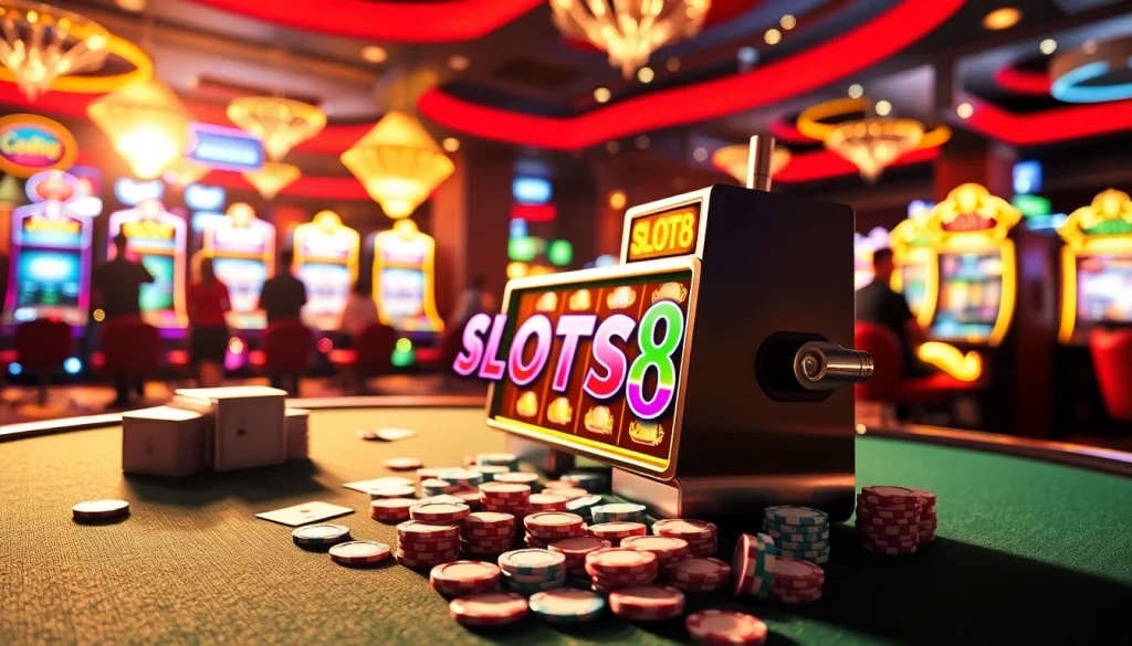 Players winning big at the SLOTS8 slot machine in a vibrant casino setting.