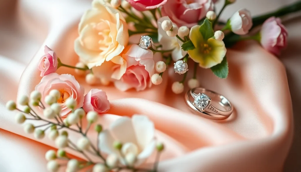 サテン生地の上に美しく並ぶ結婚指輪（結婚指輪）と繊細な花々。