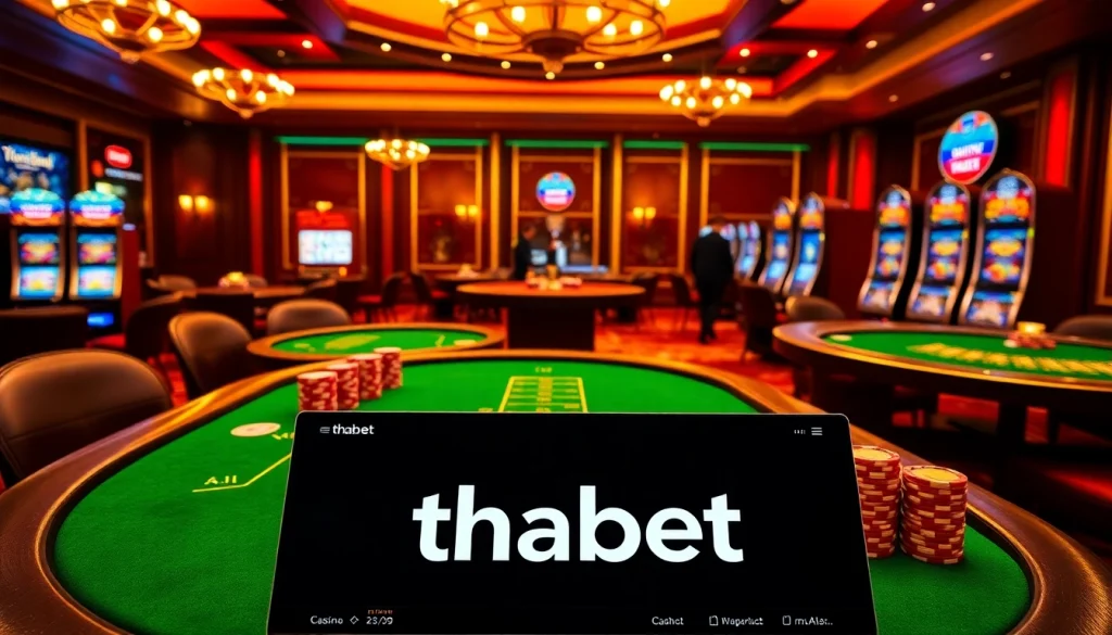 Experience thrilling gaming at thabet with vibrant casino tables, poker chips, and slot machines.