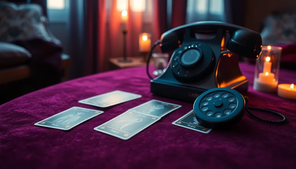 電話占い 当たる の魅力的なタロットカードリーディング、アンティークの電話と神秘的な雰囲気。