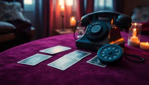 電話占い 当たる の魅力的なタロットカードリーディング、アンティークの電話と神秘的な雰囲気。