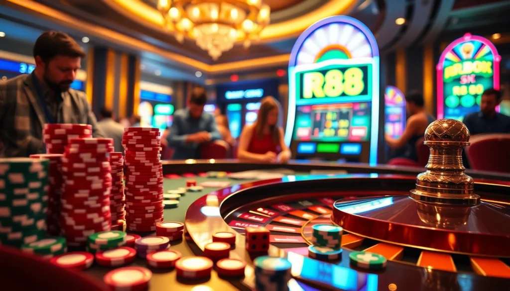 Gambler winning at roulette table at RR88 casino with colorful chips and cards.