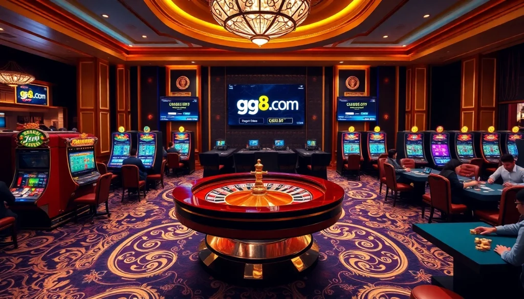 Players enjoying games at GG88 com's luxurious casino, featuring roulette and slot machines.